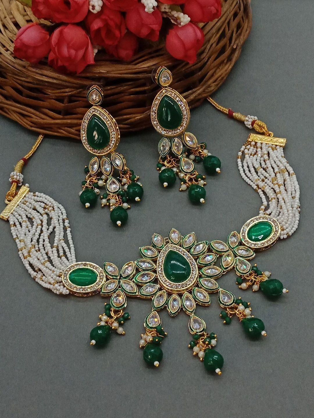 aashish imitation gold-plated american diamond-studded & beaded jewellery set