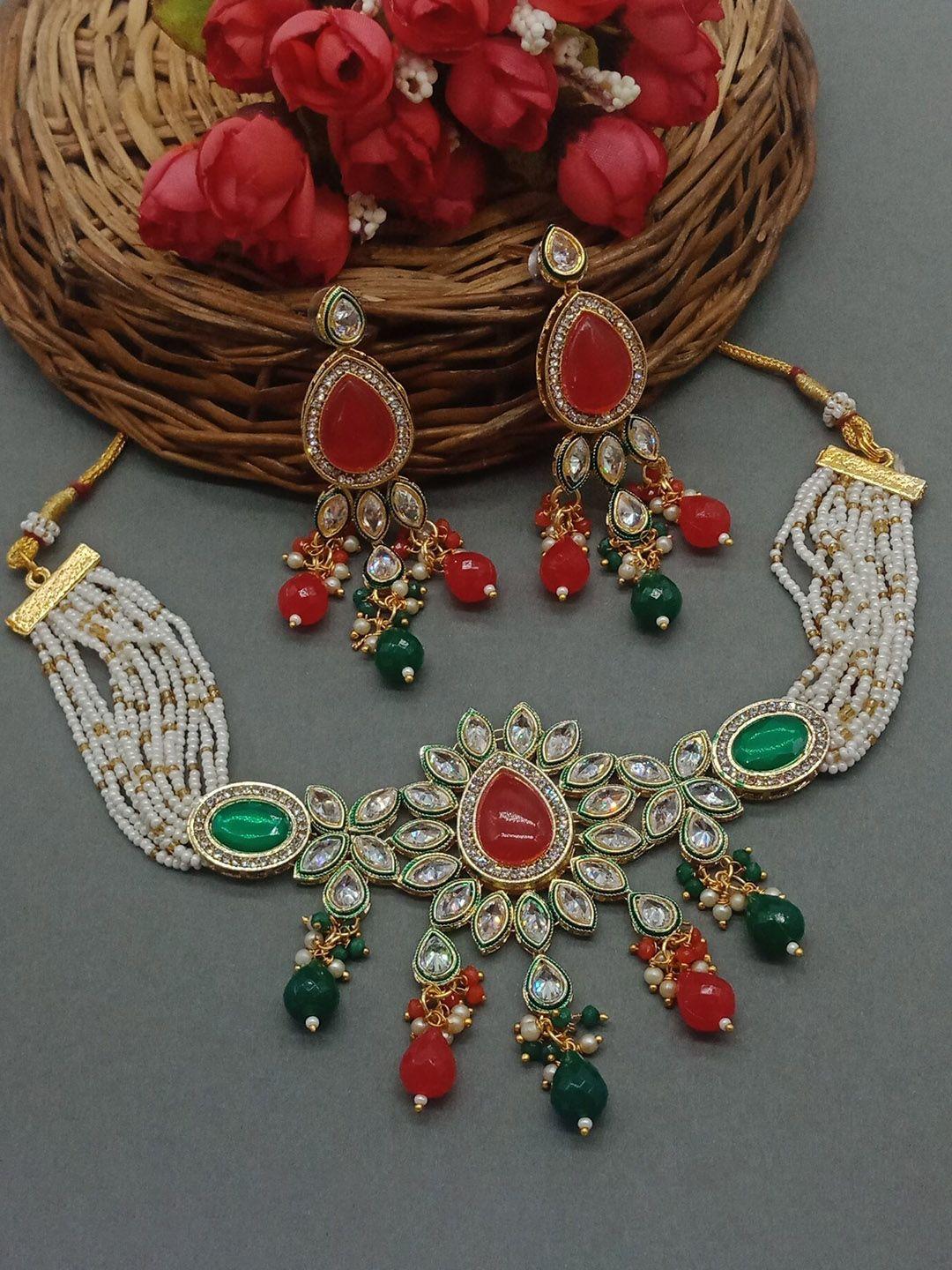 aashish imitation gold-plated american diamond-studded & beaded jewellery set