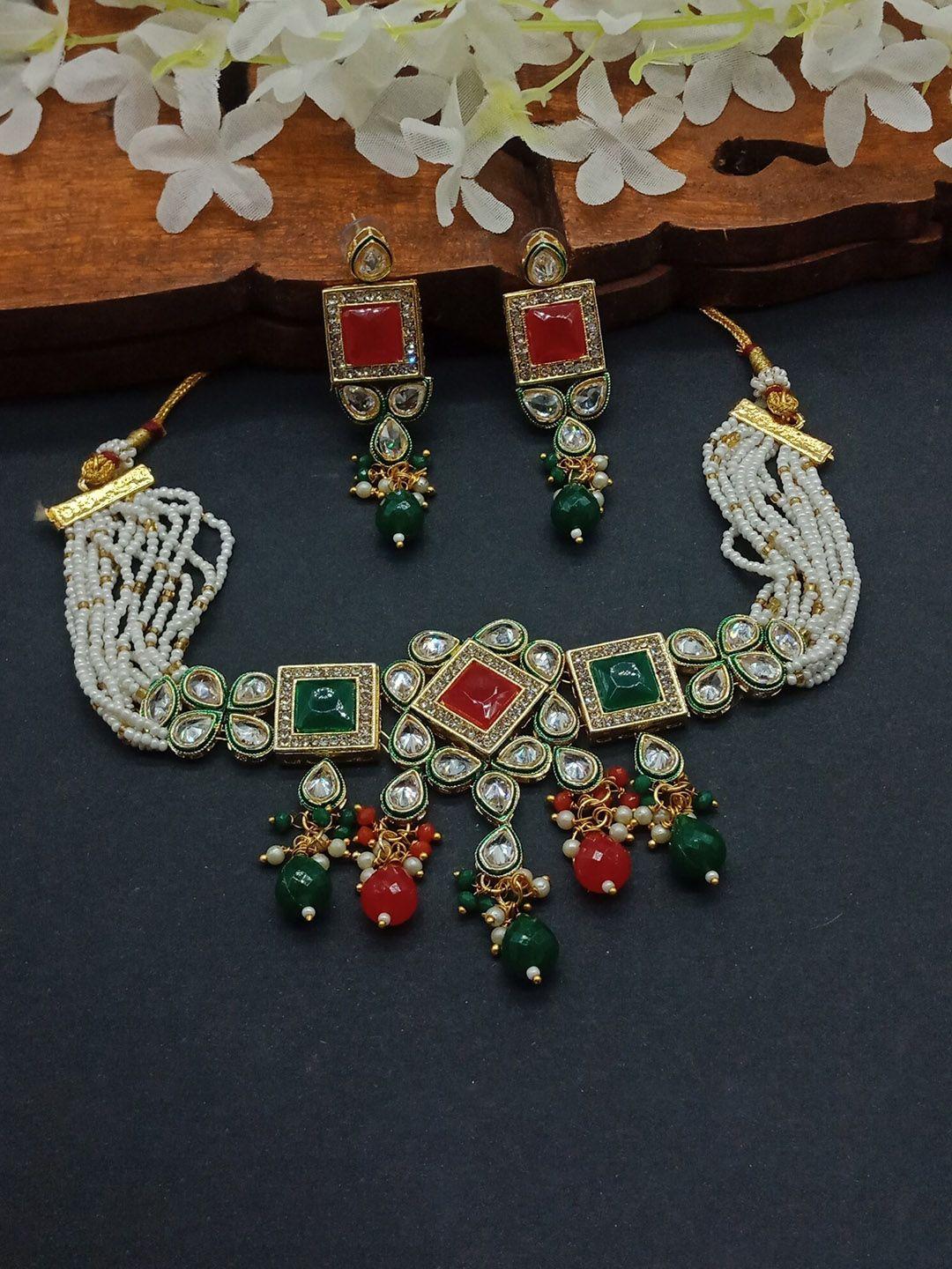 aashish imitation gold-plated american diamond-studded & beaded jewellery set