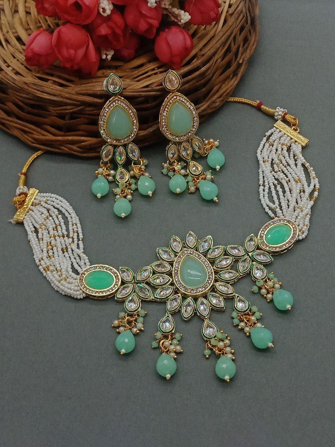 aashish imitation gold-plated american diamond-studded & pearl-beaded jewellery set