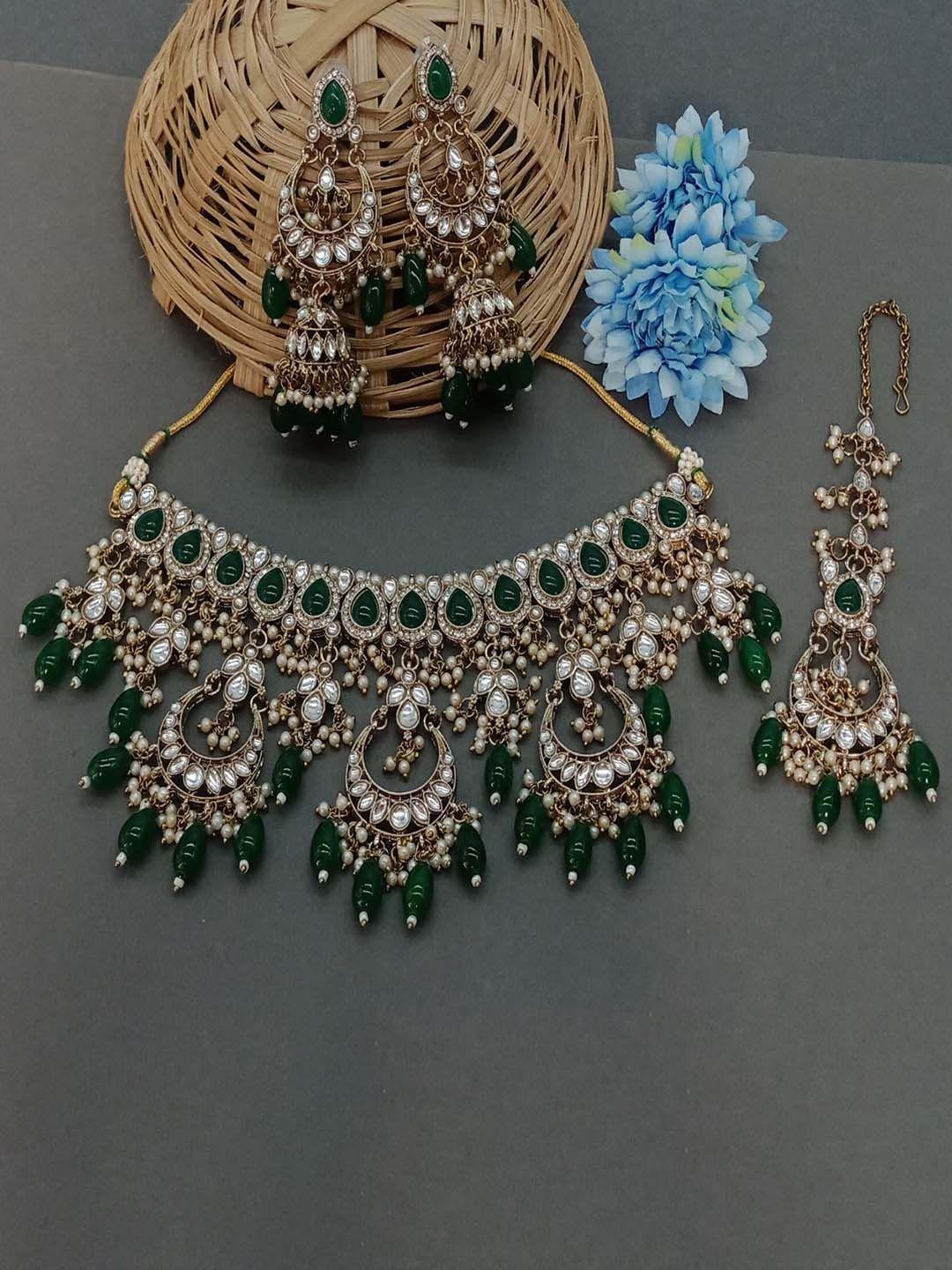 aashish imitation gold plated kundan-studded & beaded jewellery set