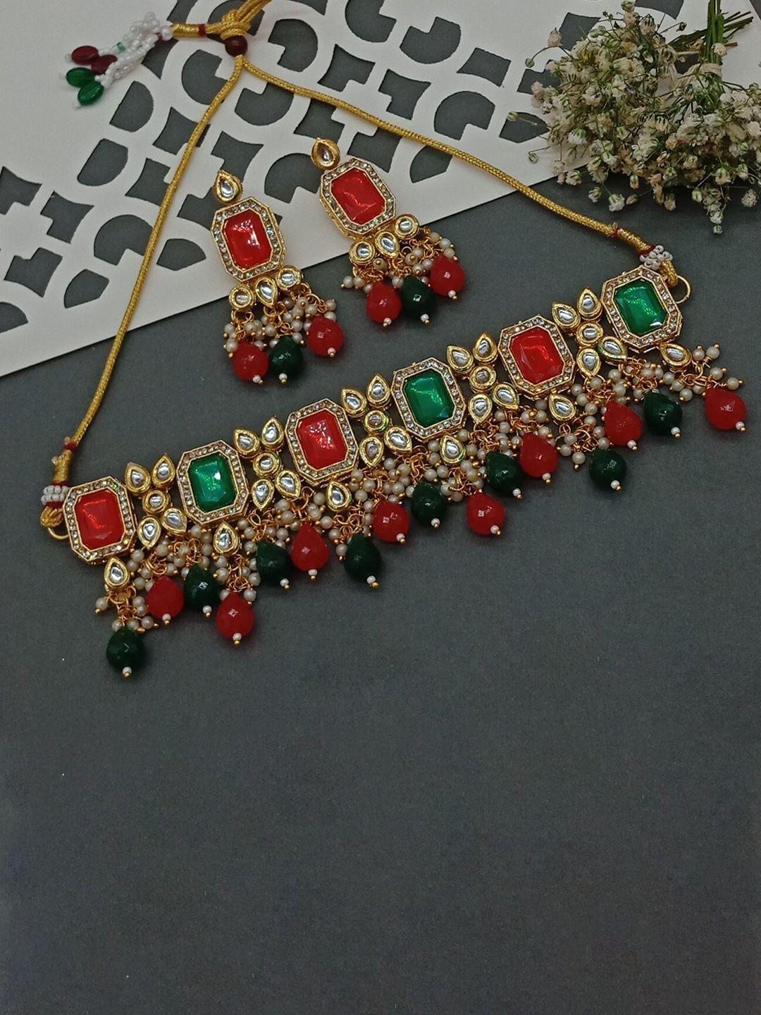 aashish imitation gold-plated kundan studded & pearls beaded jewellery set