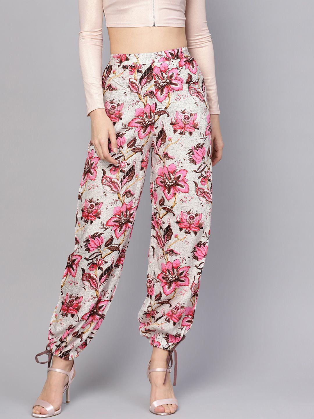aasi - house of nayo women off-white & pink printed joggers