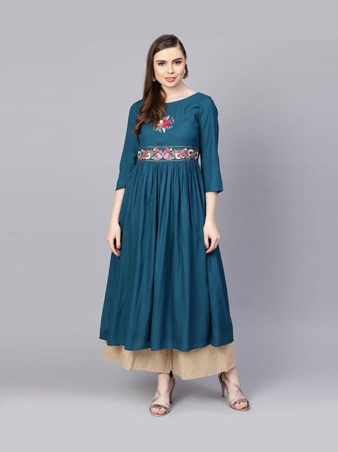 aasi - house of nayo teal blue embroidered a line kurti