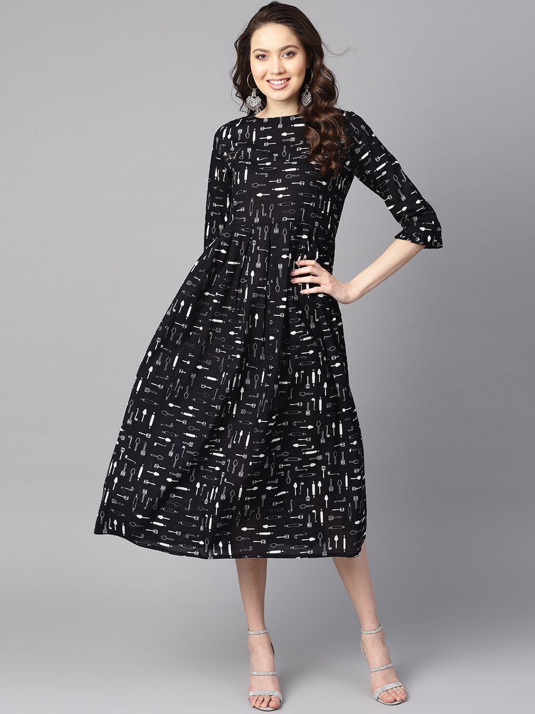 aasi - house of nayo women black & white printed a-line dress