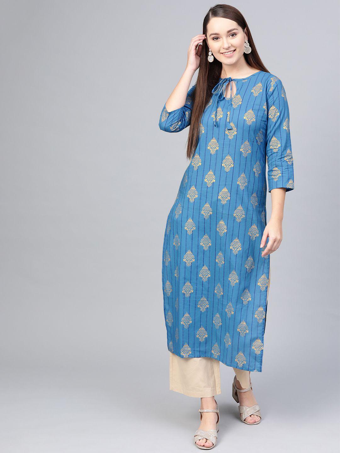 aasi - house of nayo women blue & golden printed straight kurta