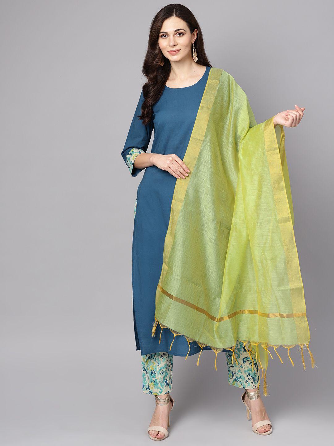 aasi - house of nayo women blue & green solid kurta with trousers & dupatta