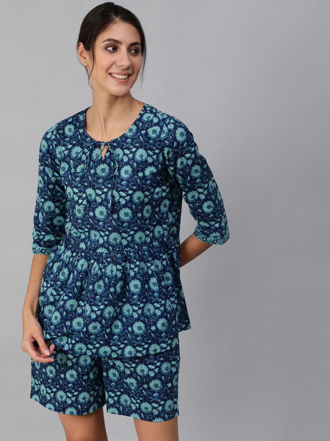 aasi - house of nayo women blue & teal printed pure cotton night suit