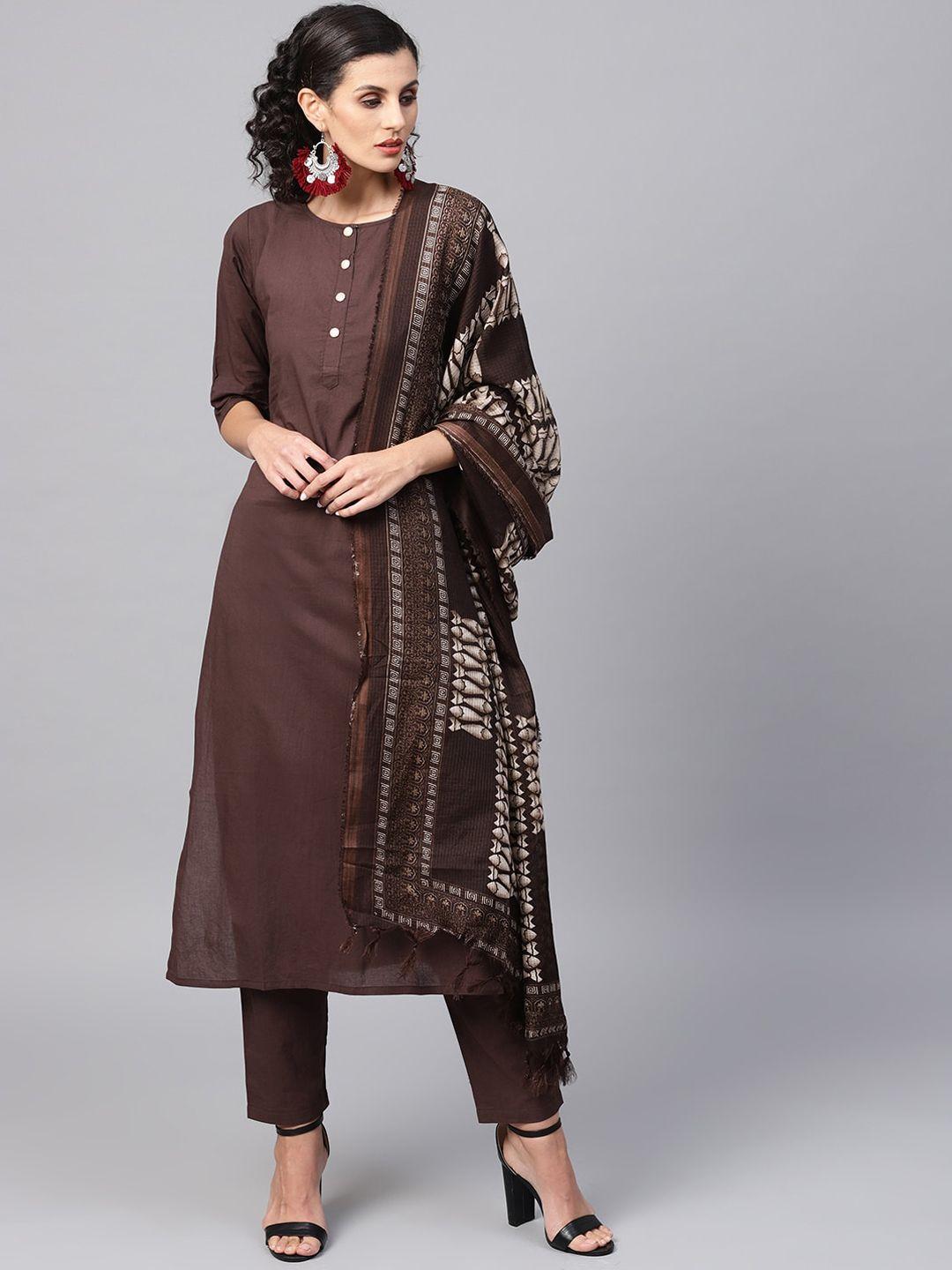 aasi - house of nayo women brown pure cotton kurta with trousers & with dupatta