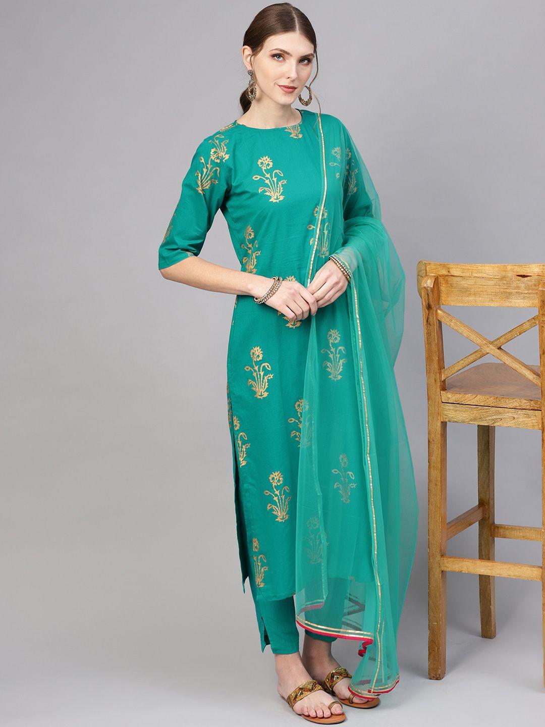 aasi - house of nayo women green & golden printed kurta with trousers & dupatta
