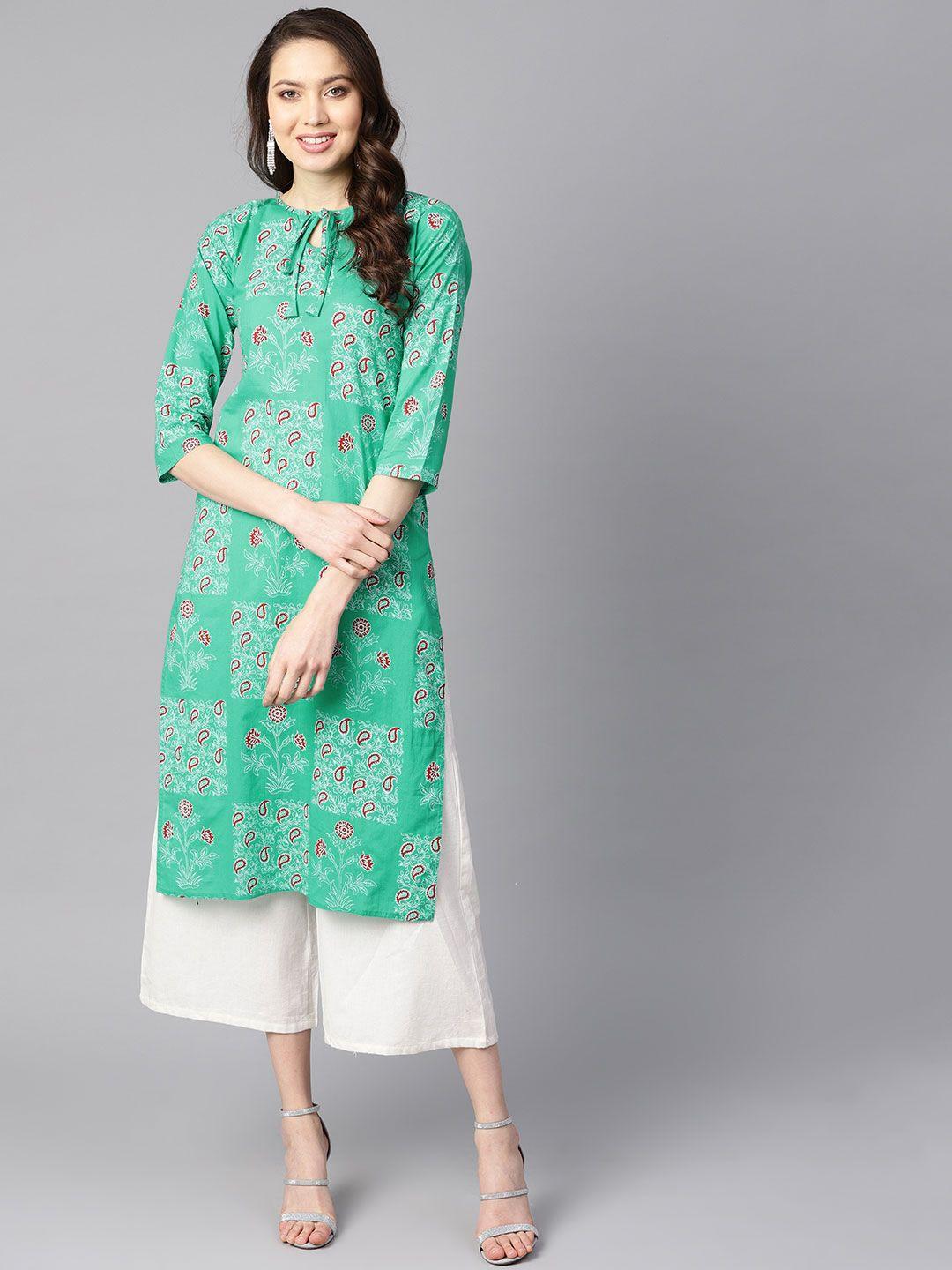 aasi - house of nayo women green & white printed straight kurta