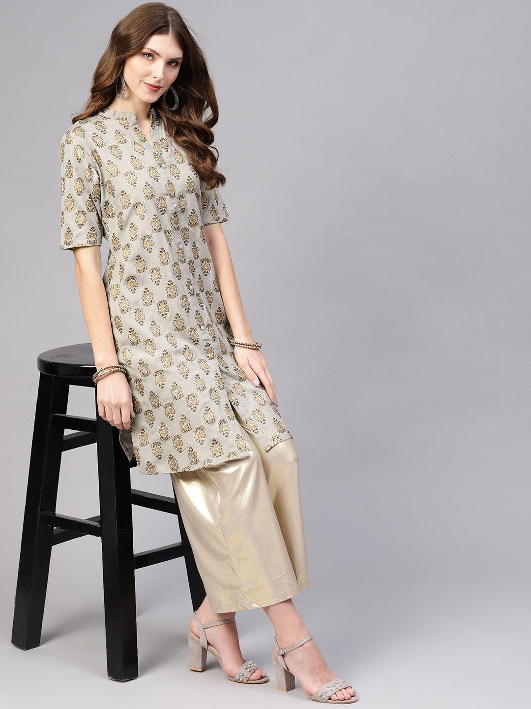 aasi - house of nayo women grey & golden printed straight kurta