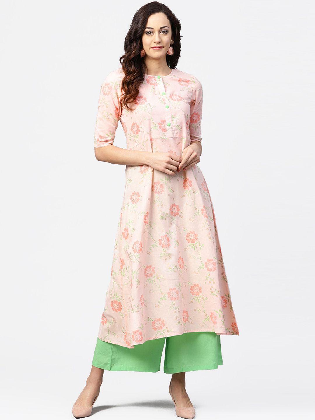 aasi - house of nayo women peach-coloured floral printed pure cotton kurta with palazzos