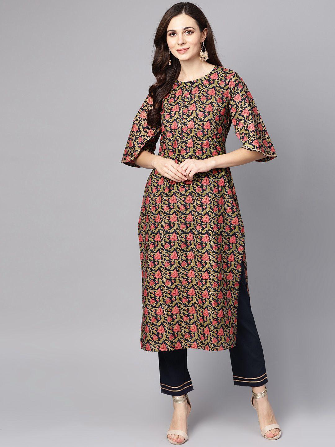 aasi - house of nayo women pink & navy printed kurta with trousers
