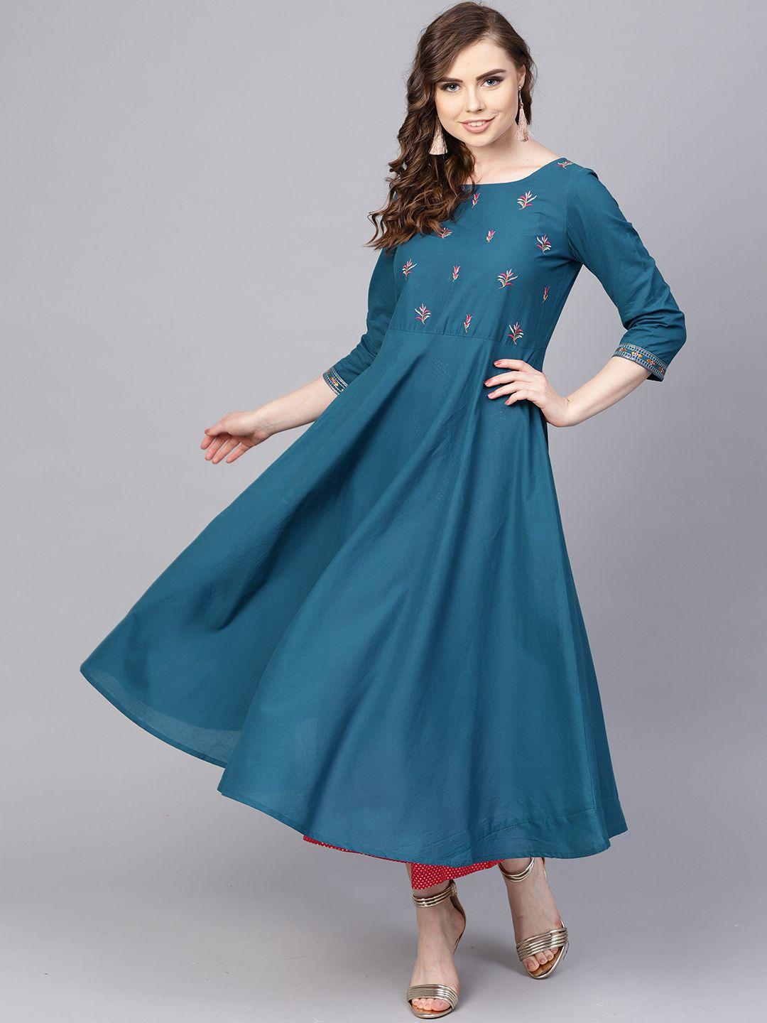 aasi - house of nayo women teal blue yoke design a-line kurta