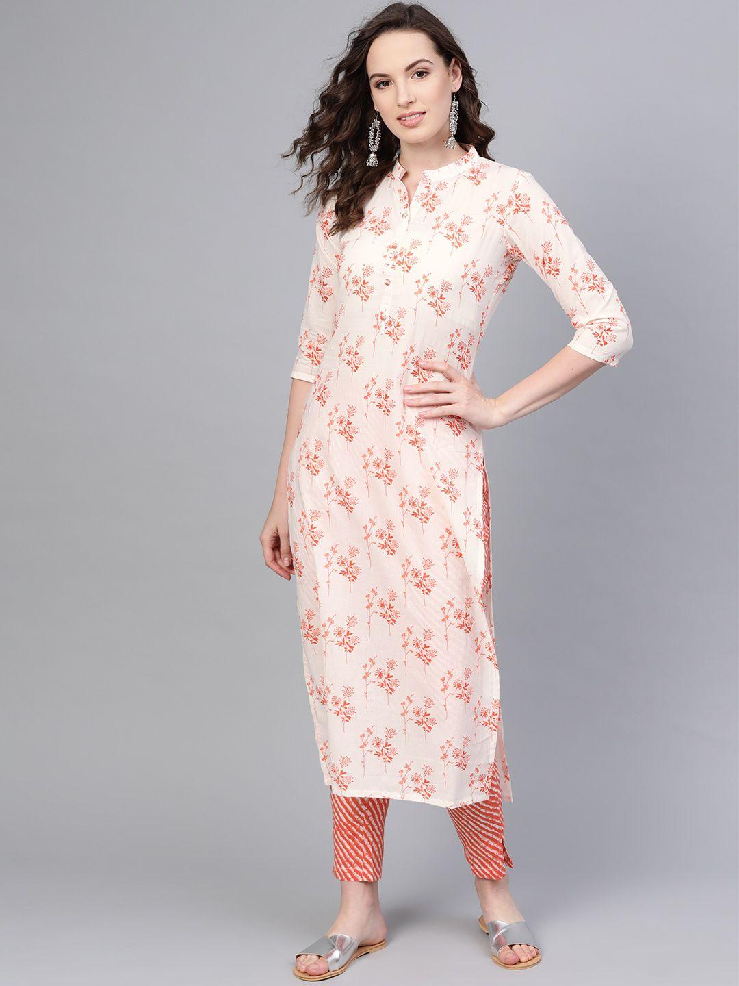aasi - house of nayo women white & orange printed kurta with trousers