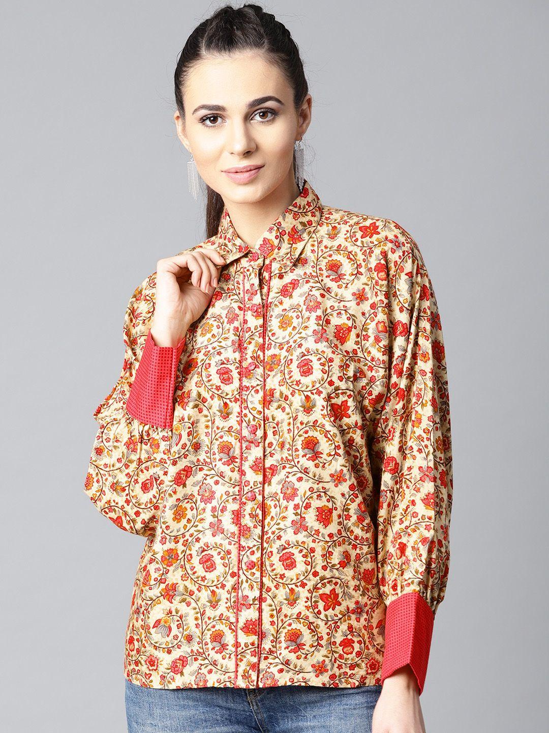 aasi women beige & red printed regular fit casual shirt