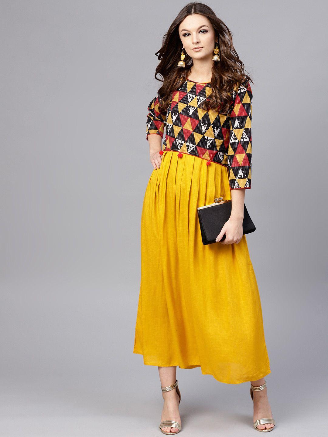aasi women mustard yellow solid maxi dress with crop top