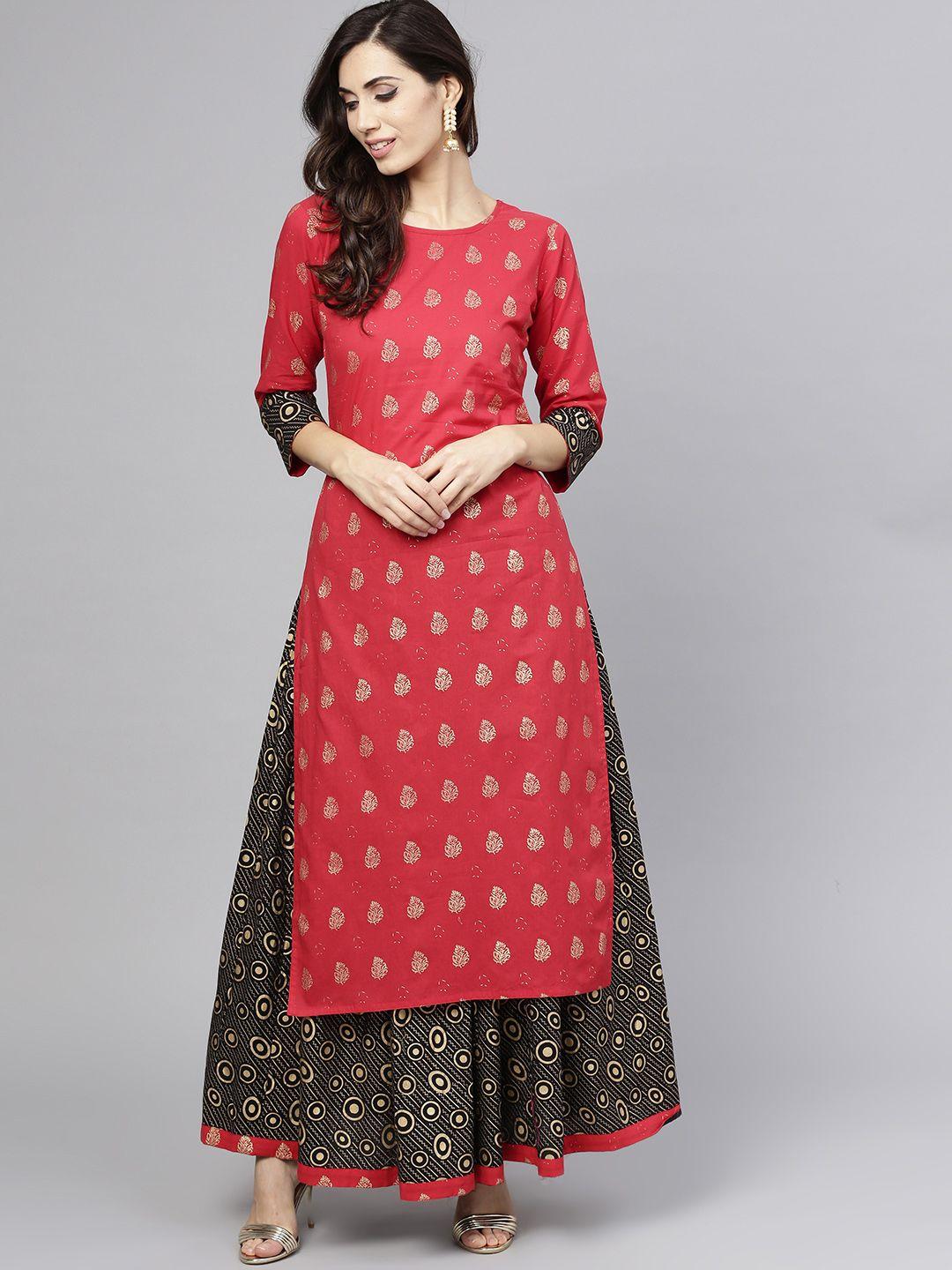 aasi women red & black printed kurta with skirt