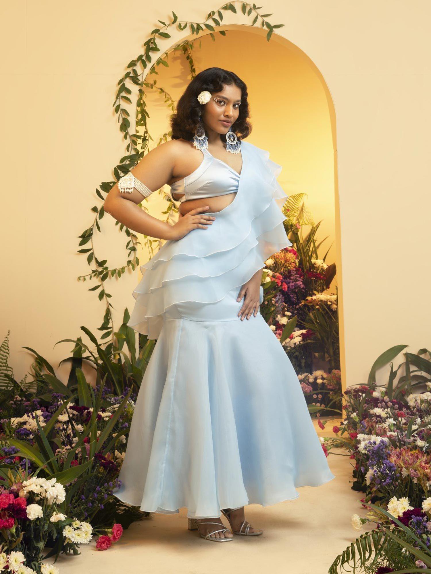 aasira baby blue ruffle organza pre-stiched saree