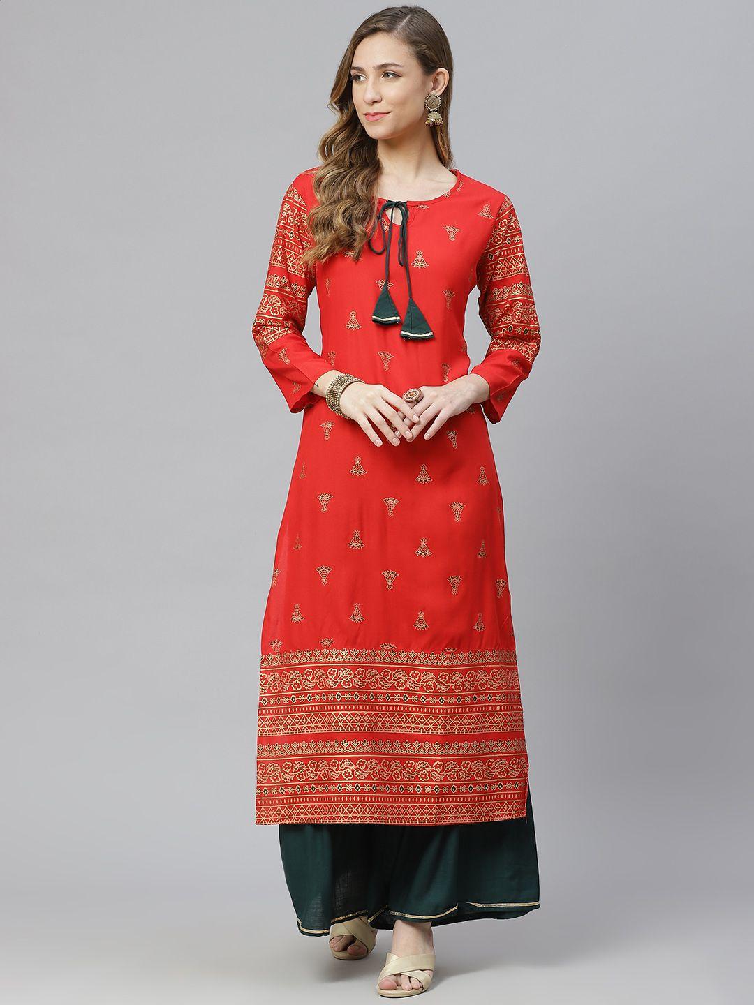 aasiya women red floral printed regular kurta with sharara