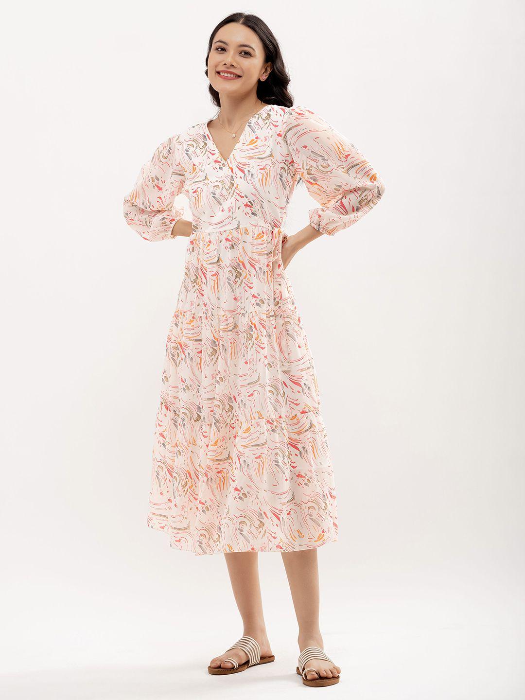 aask white floral print puff sleeve fit & flare midi dress