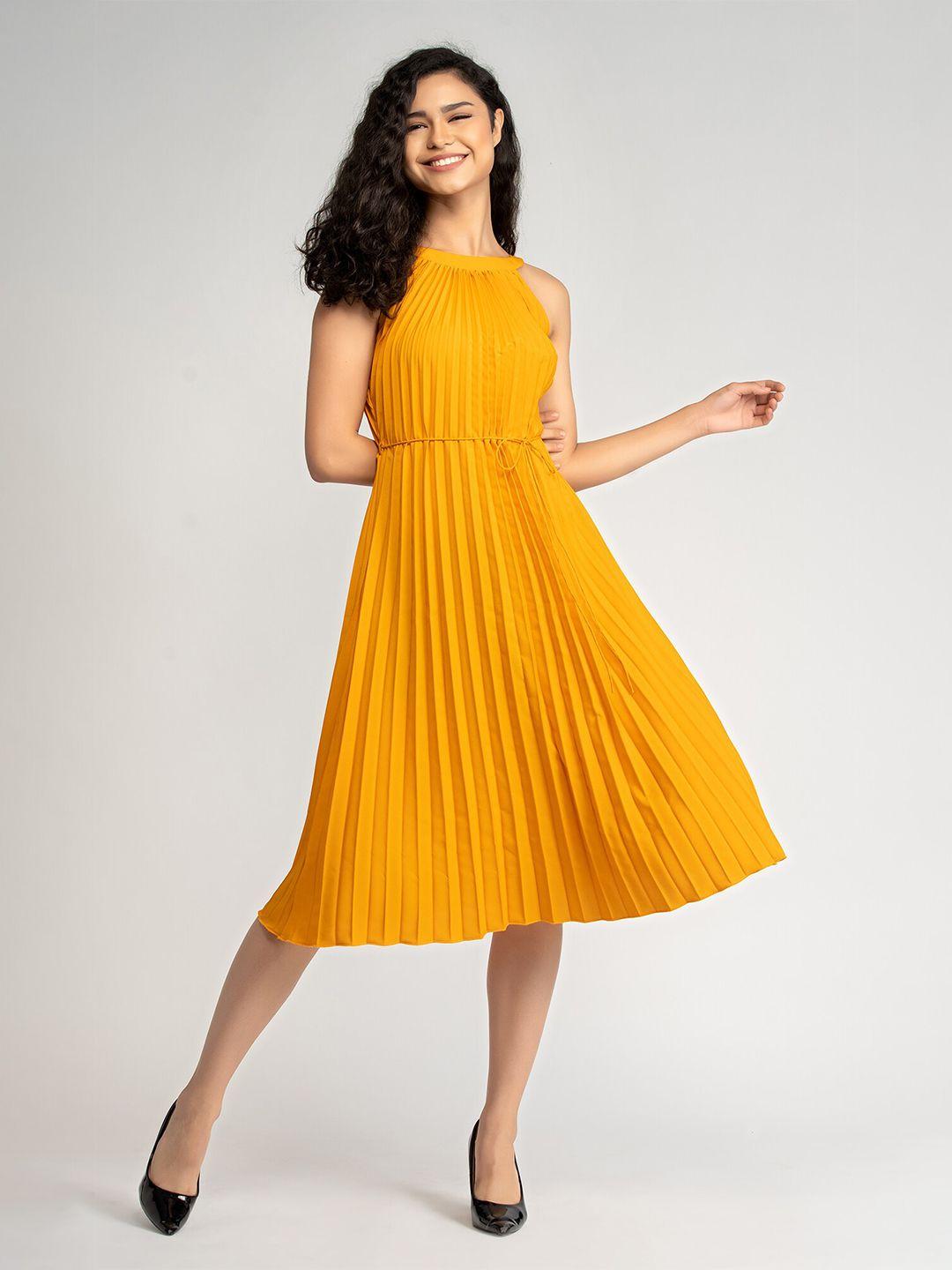 aask women mustard yellow accordion pleated crepe fit & flare dress
