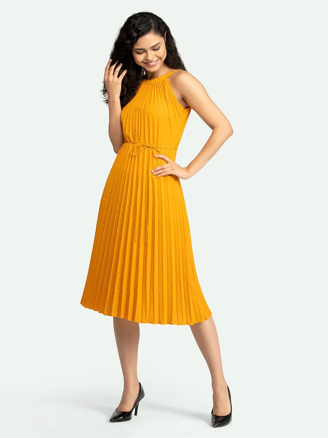 aask women mustard yellow fit & flarecrepe dress
