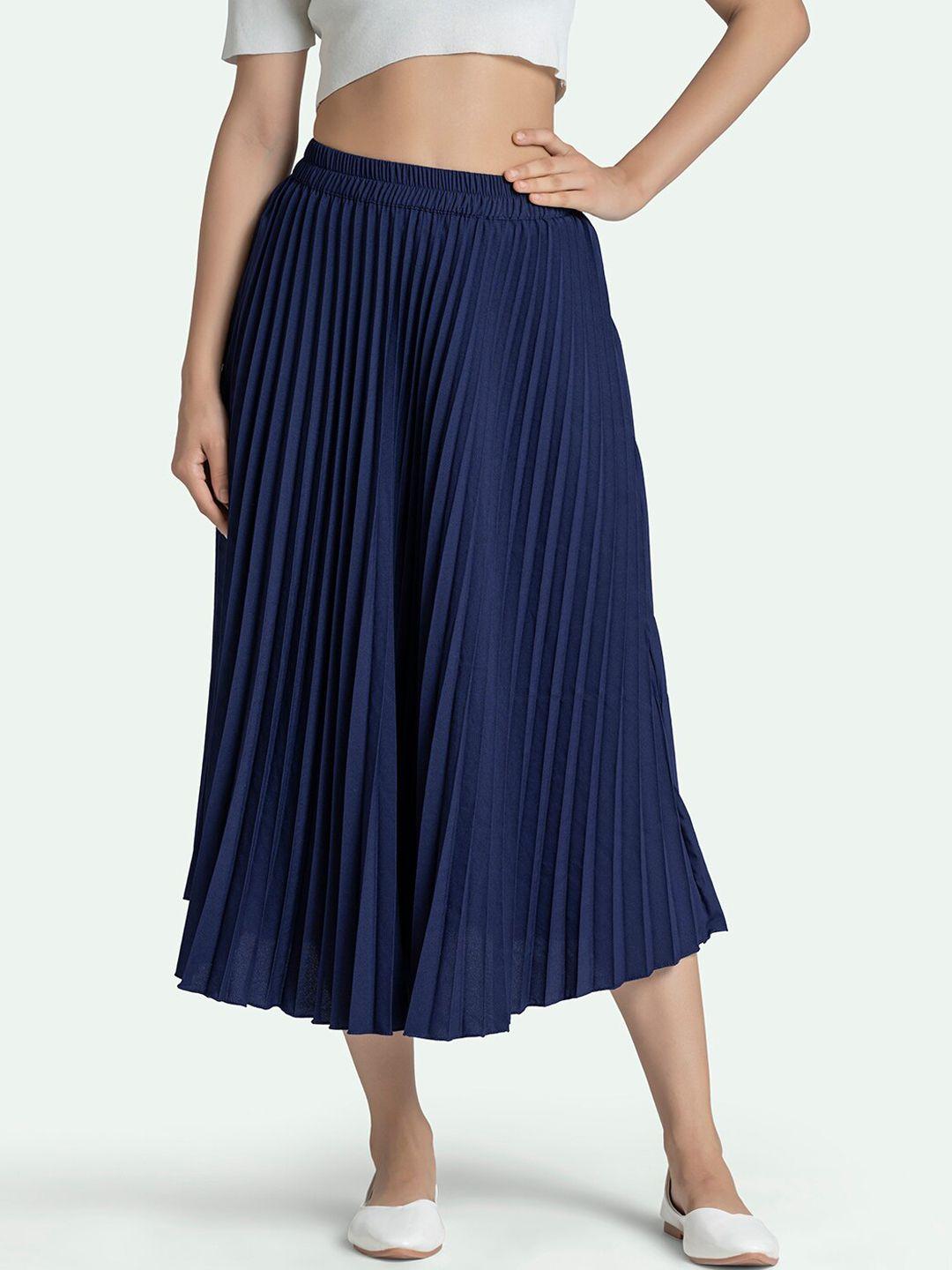 aask women navy blue accordion pleats midi skirt