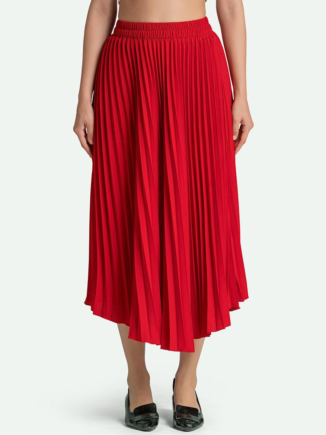 aask women red accordion pleats flared maxi skirts