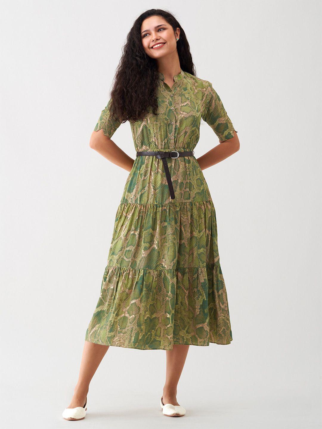 aask animal printed shirt collar gathered tiered fit & flare midi dress with belt