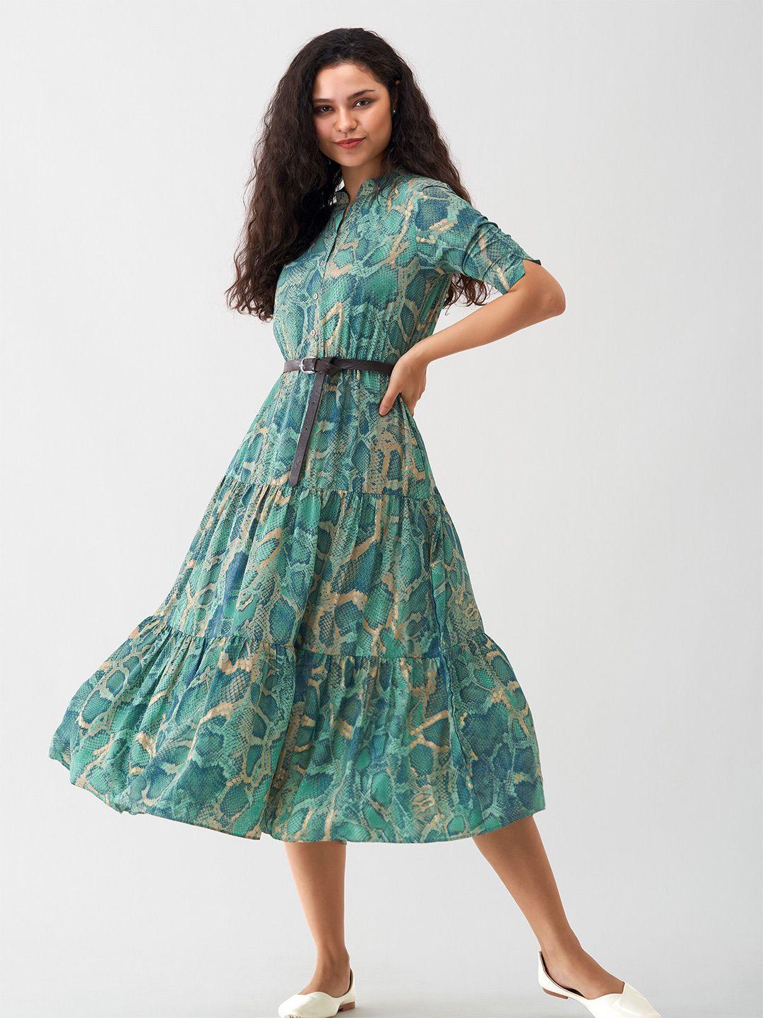 aask animal printed shirt collar gathered tiered fit & flare midi dress with belt