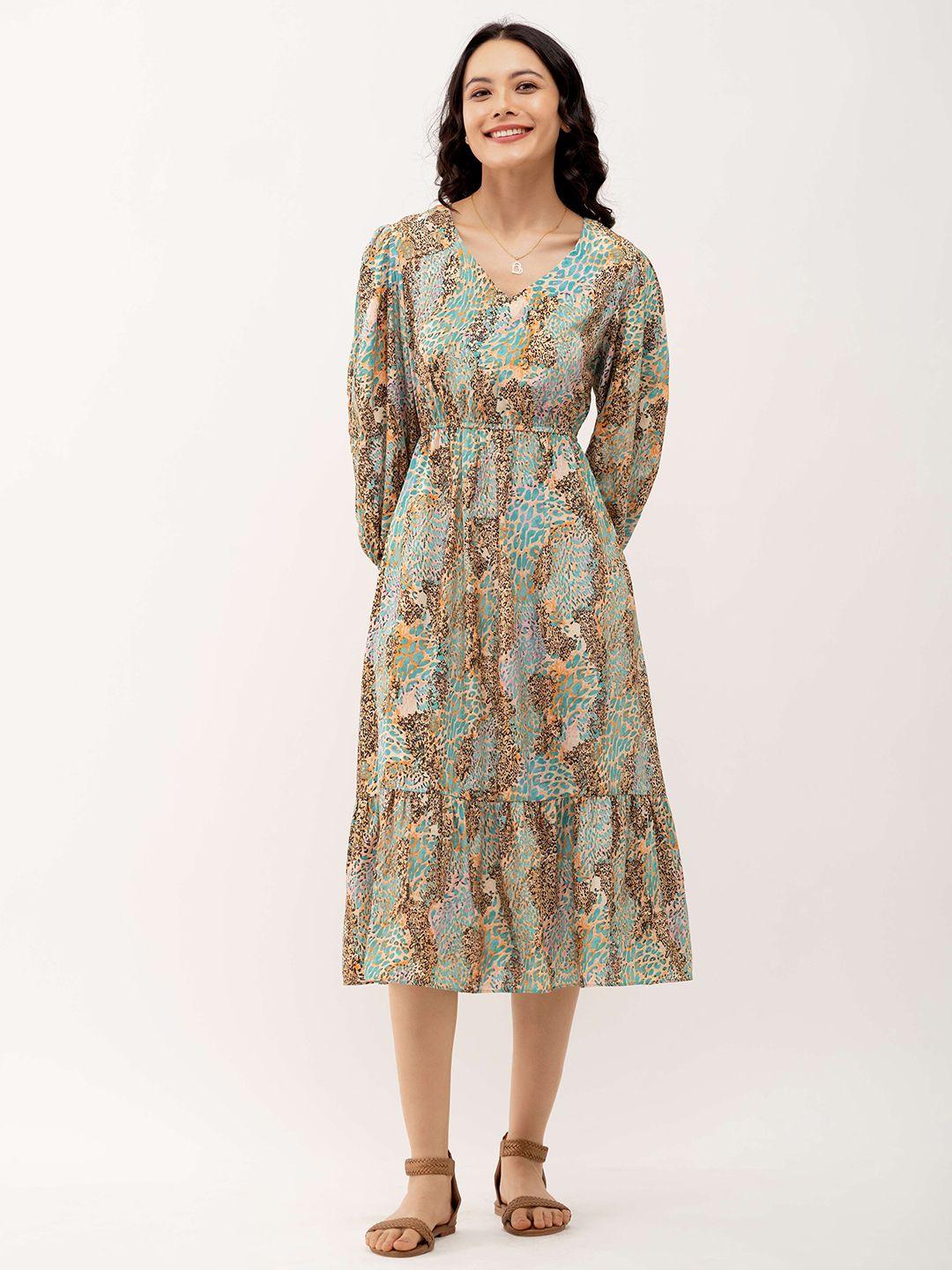 aask beige floral print crepe fit & flare midi dress