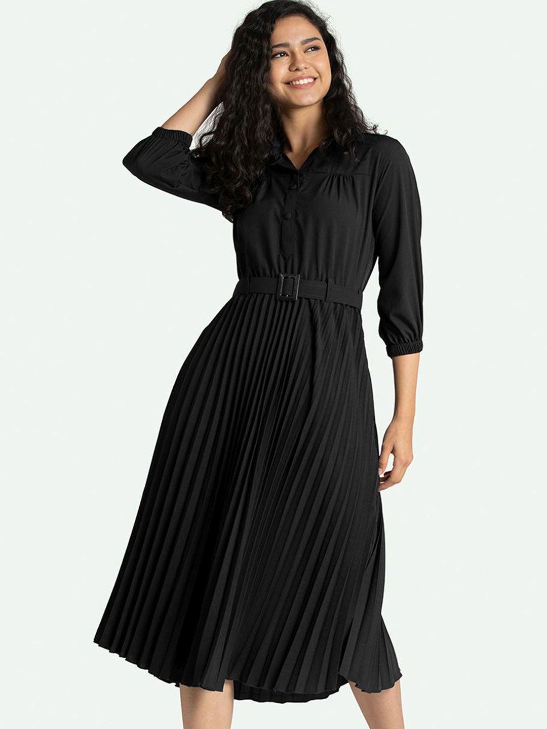 aask black crepe accordion pleat midi shirt dress