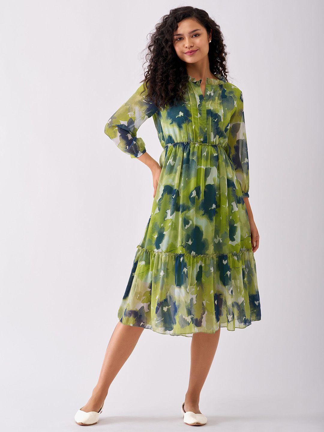 aask floral printed ruffled fit & flare midi dress