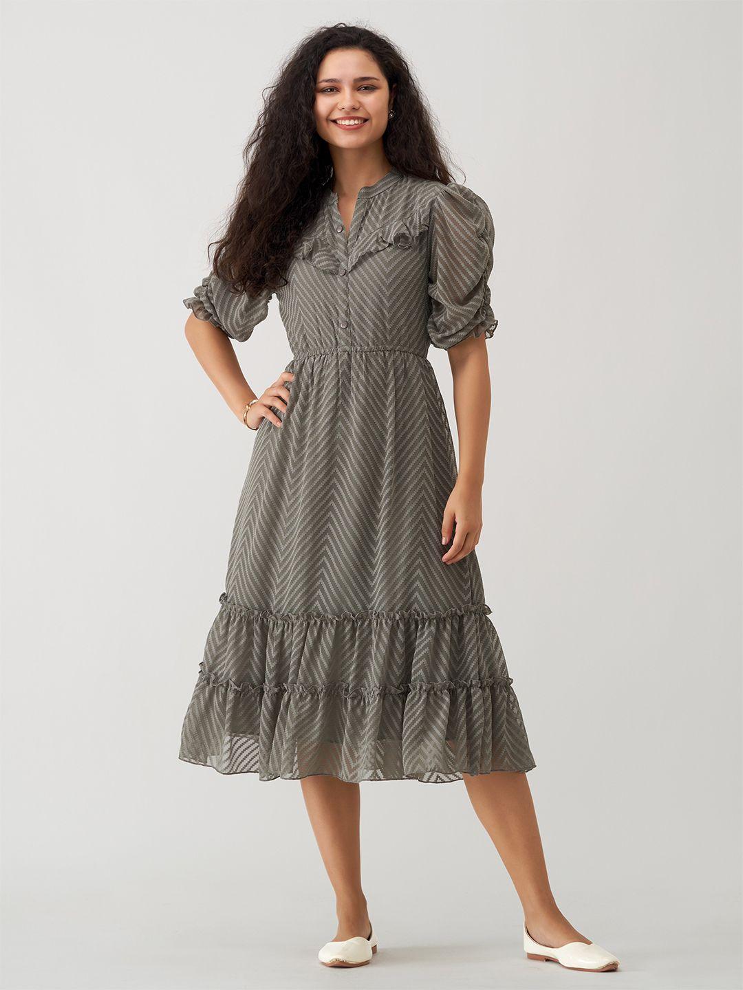 aask grey polka dot print puff sleeve crepe fit & flare midi dress