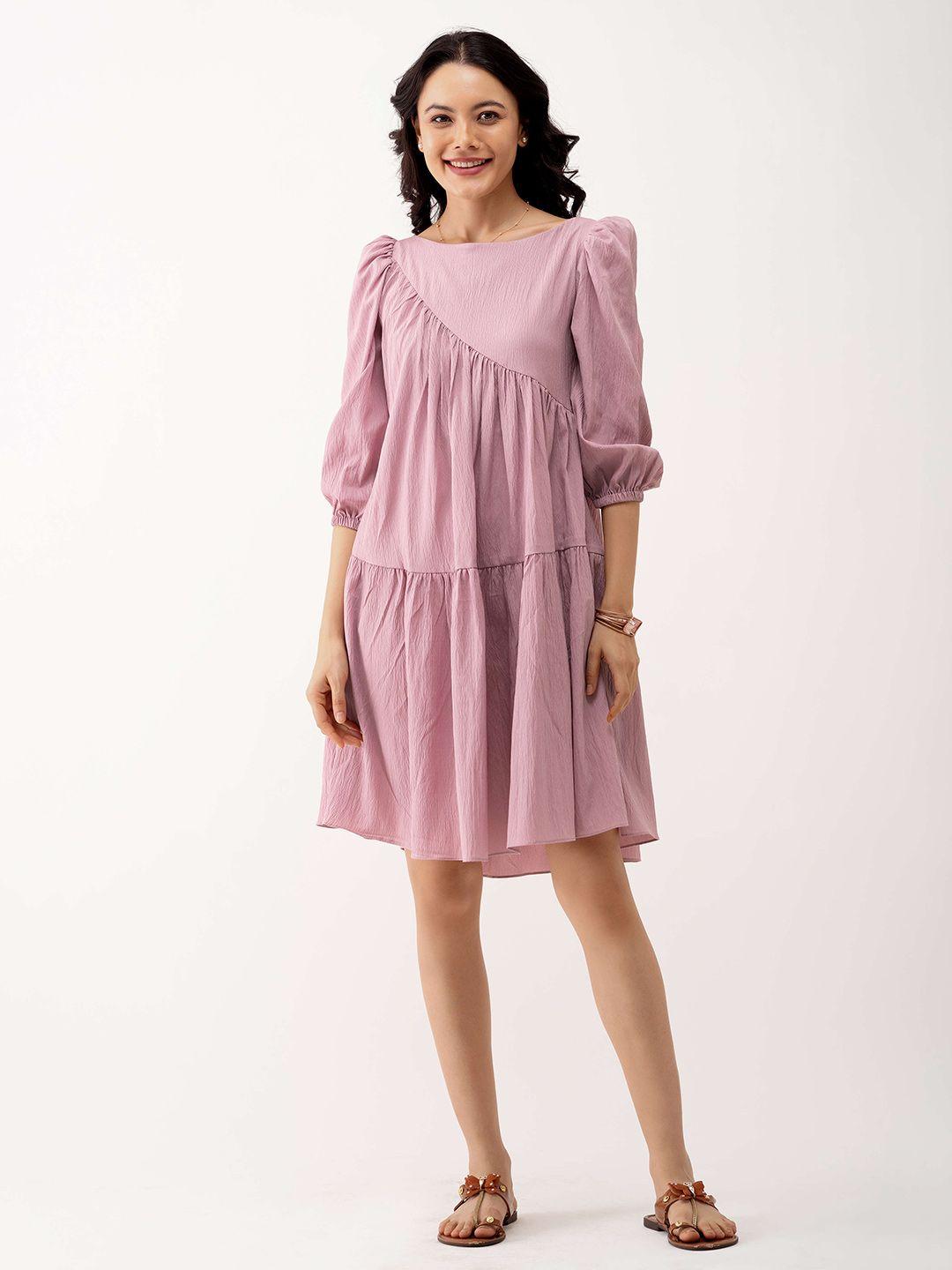 aask magenta puff sleeve crepe a-line dress