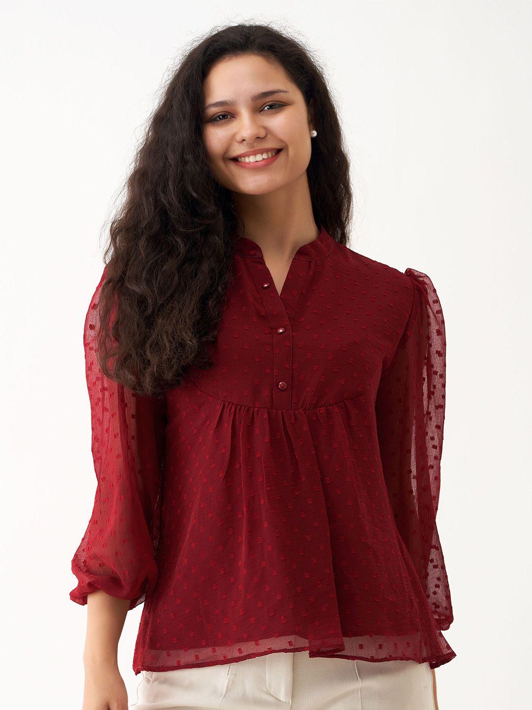 aask maroon mandarin collar puff sleeve crepe top