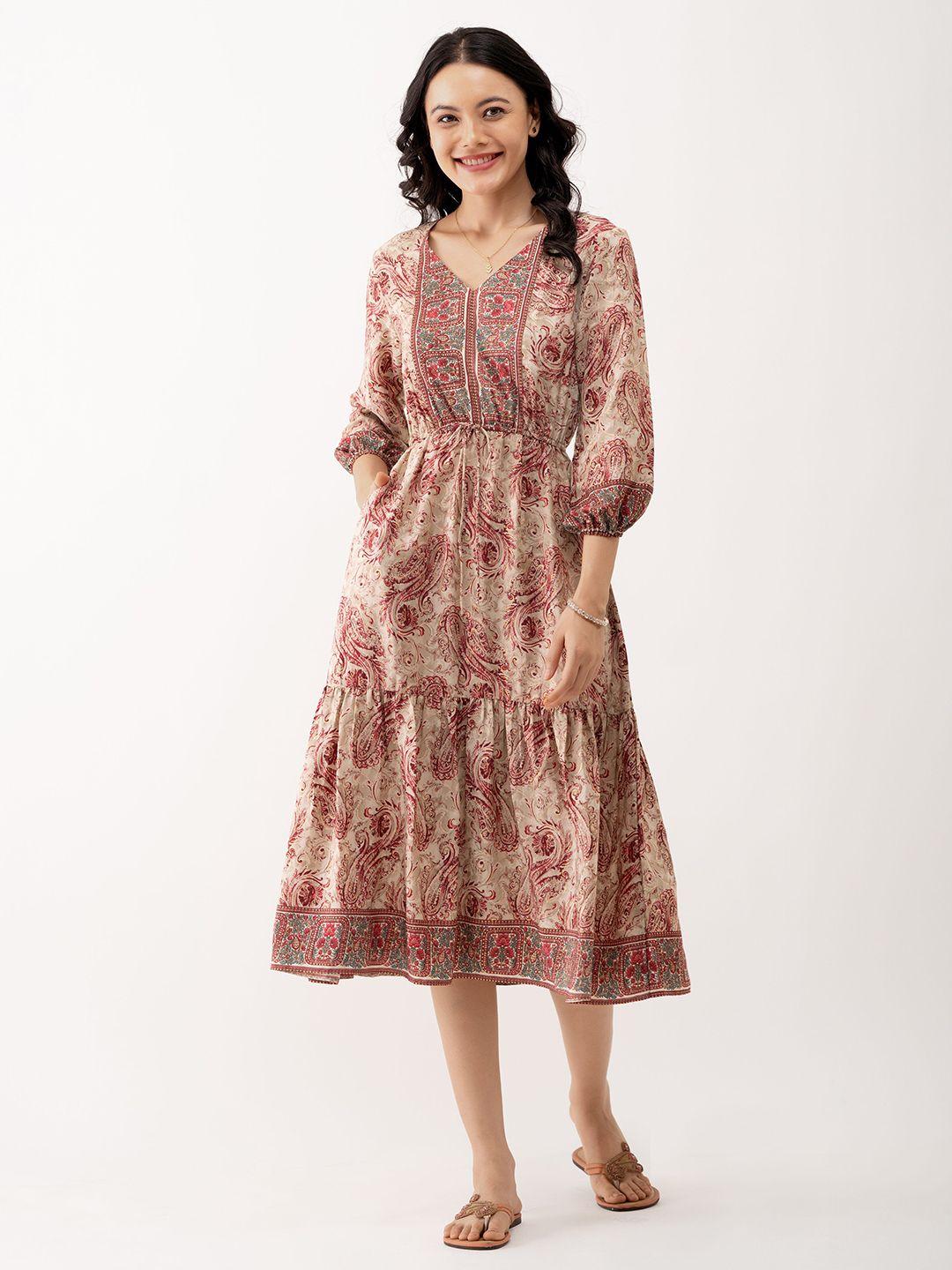 aask multicoloured ethnic motifs print puff sleeve fit & flare midi dress