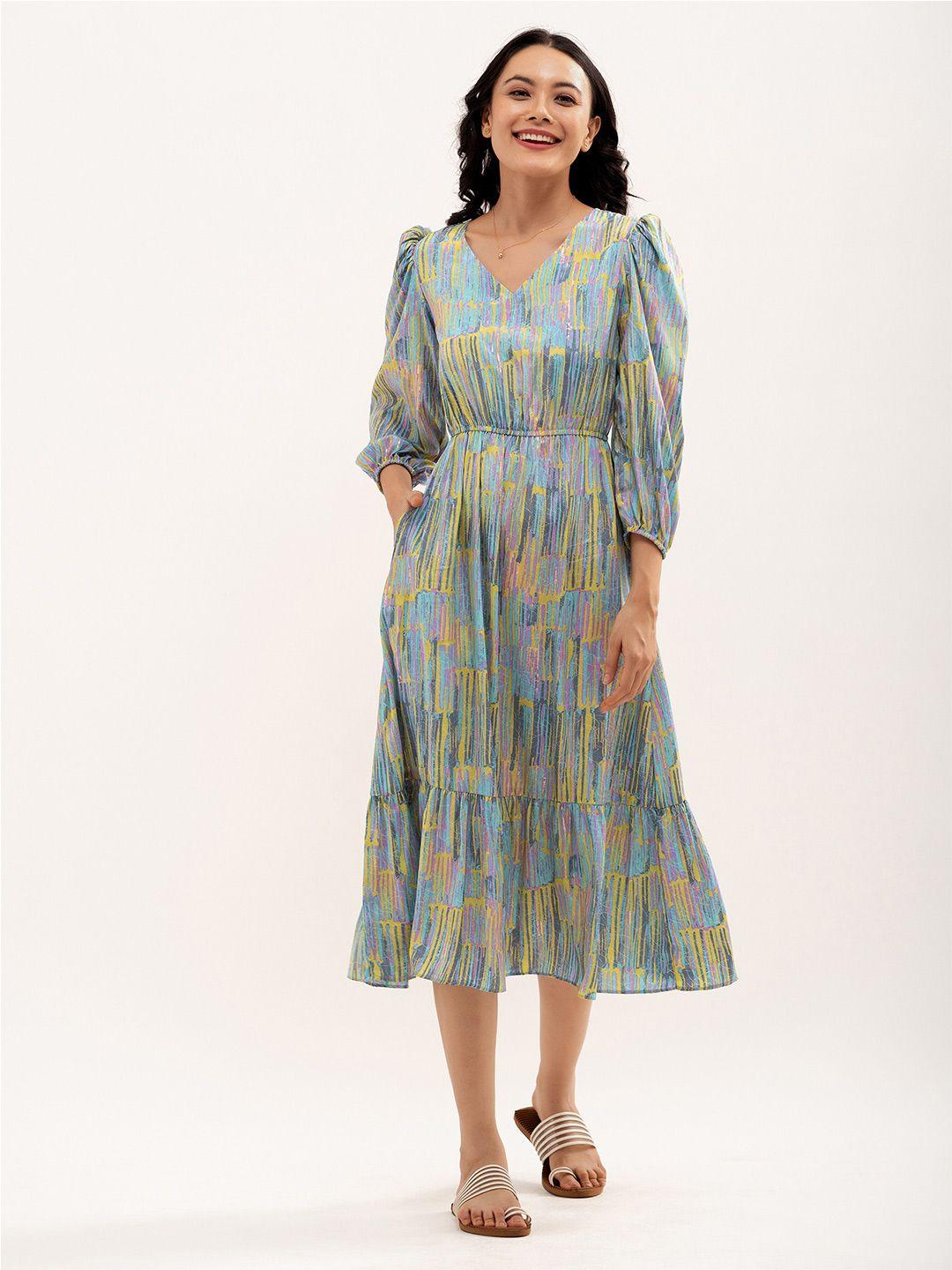 aask multicoloured print puff sleeve fit & flare midi dress