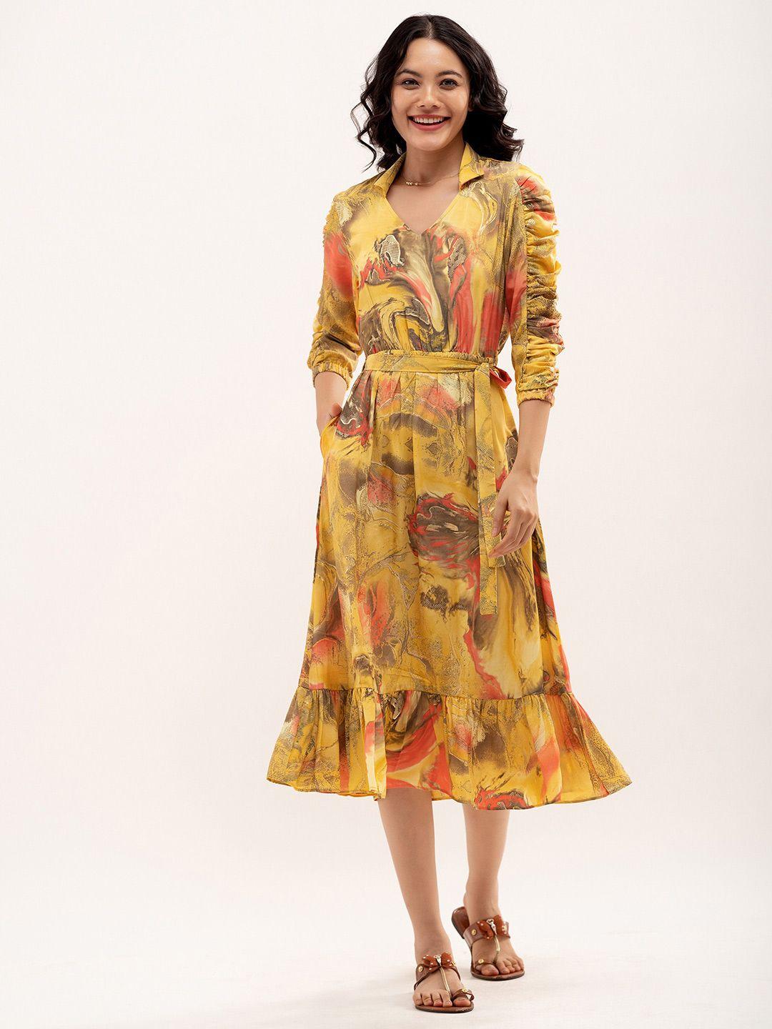 aask mustard yellow floral print fit & flare midi dress