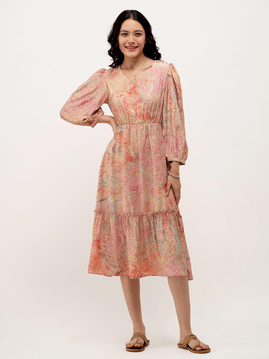 aask peach-coloured floral print puff sleeve fit & flare dress