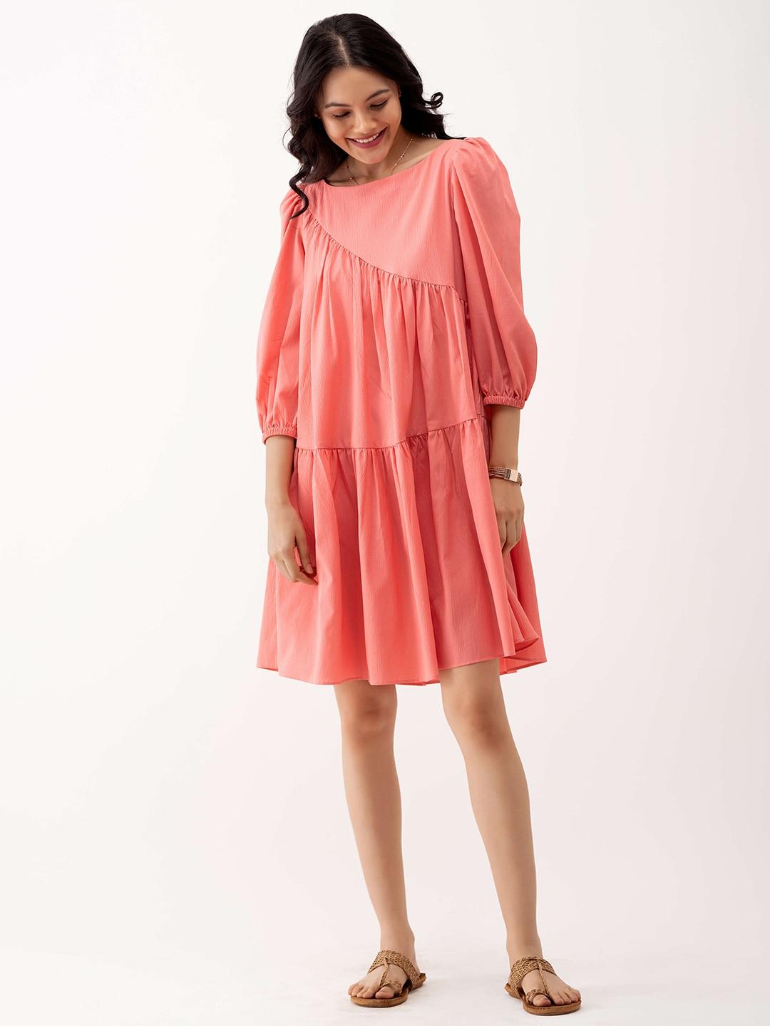 aask peach-coloured puff sleeve crepe a-line dress