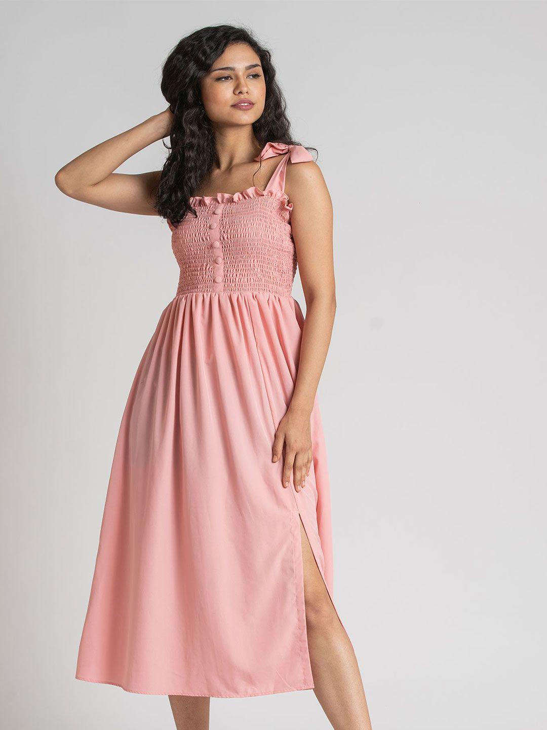 aask pink crepe smocked midi fit & flare dress