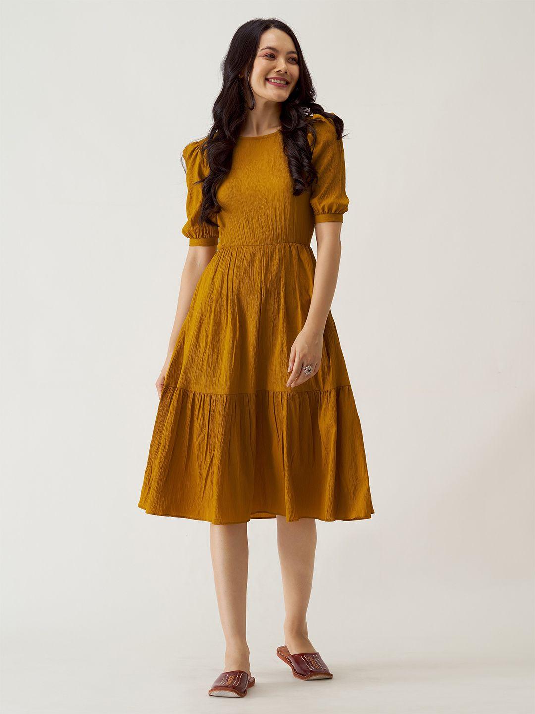 aask puff sleeve crepe fit & flare dress