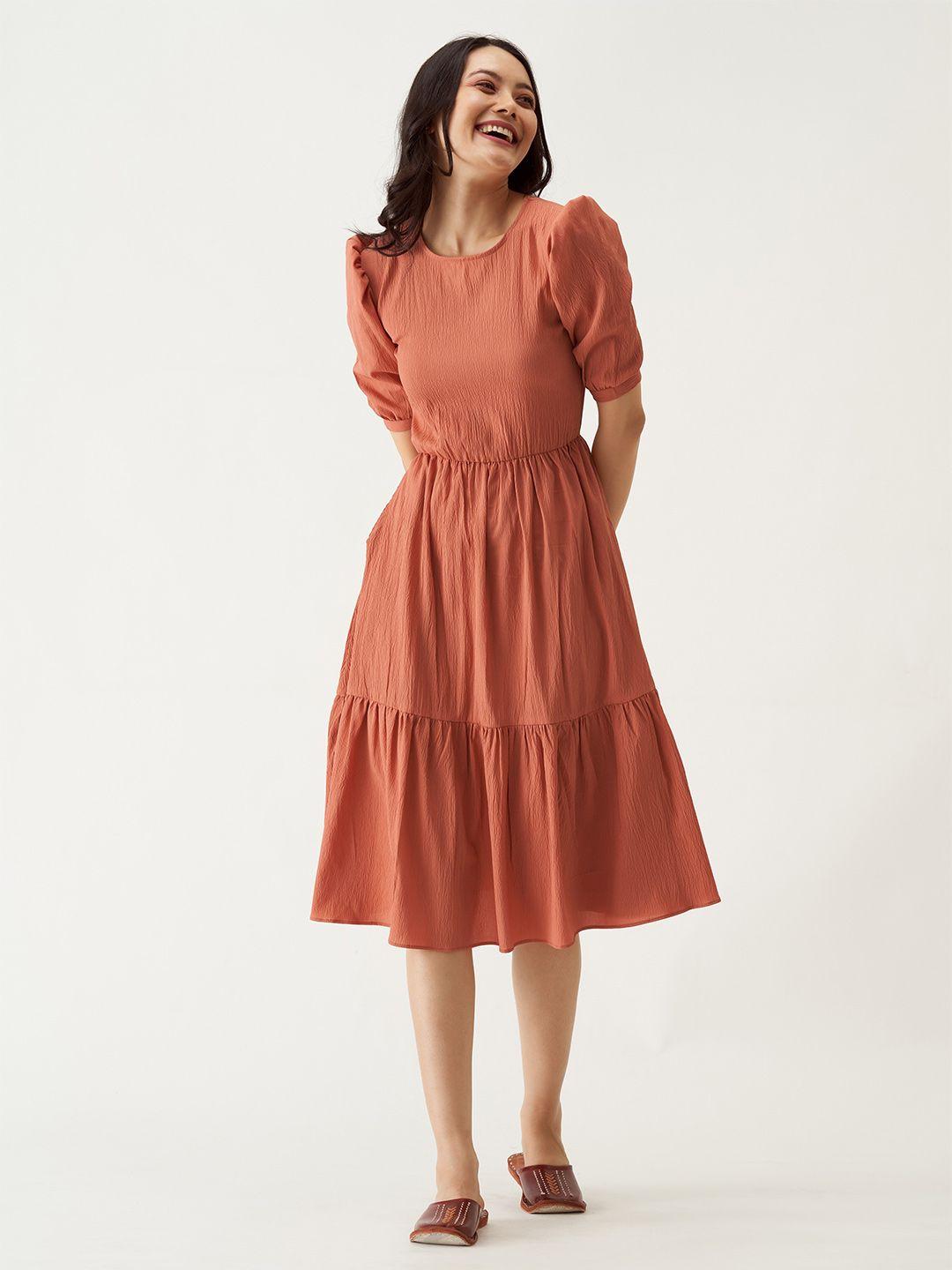 aask puff sleeves crepe fit & flare dress