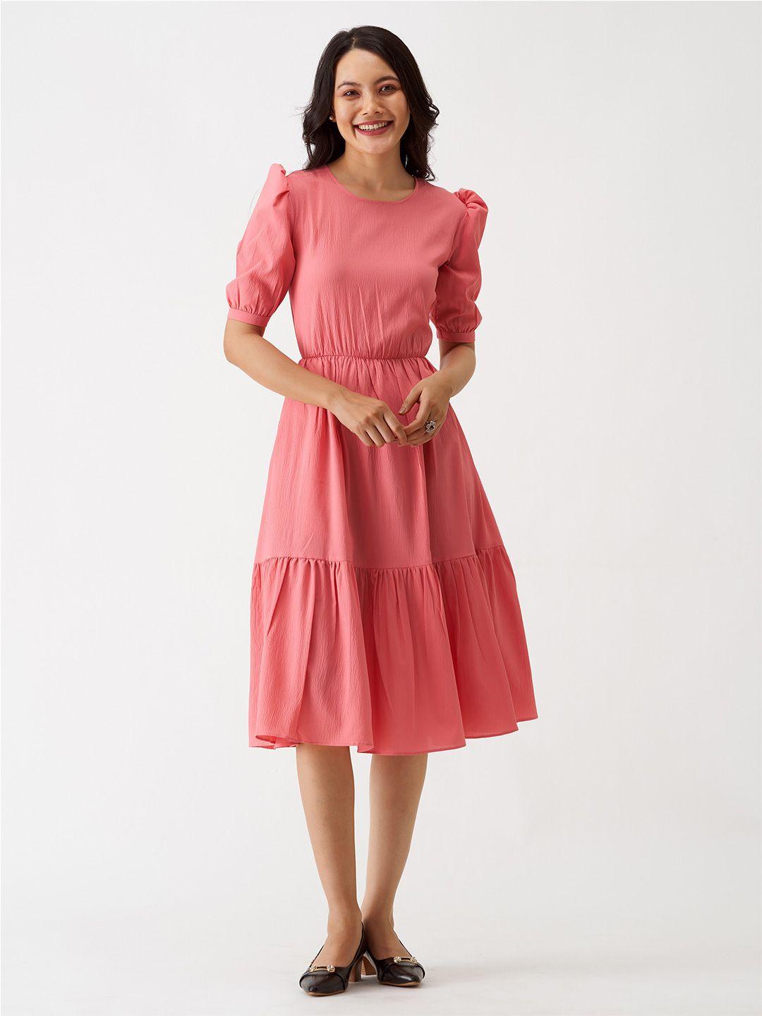 aask puff sleeves crepe fit & flare midi dress