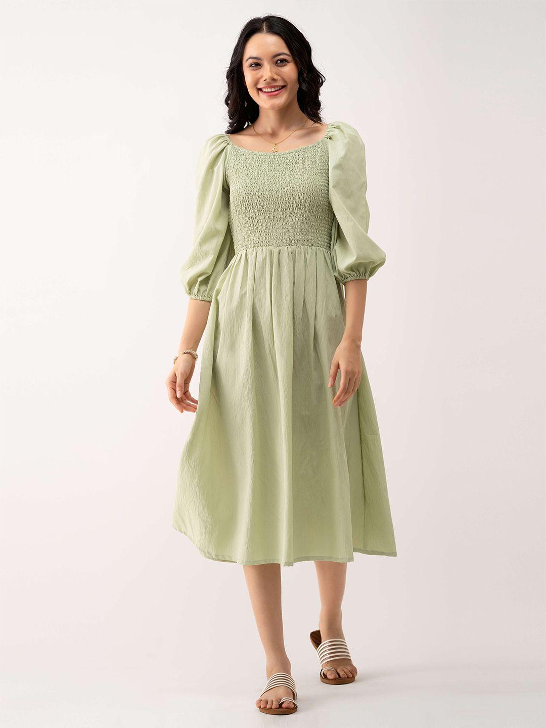 aask puff sleeves smocked fit & flare midi dress