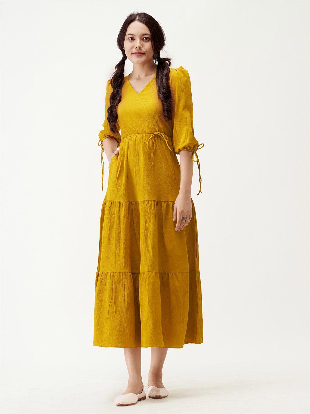 aask puff sleeves tie-up detail tiered maxi a-line dress