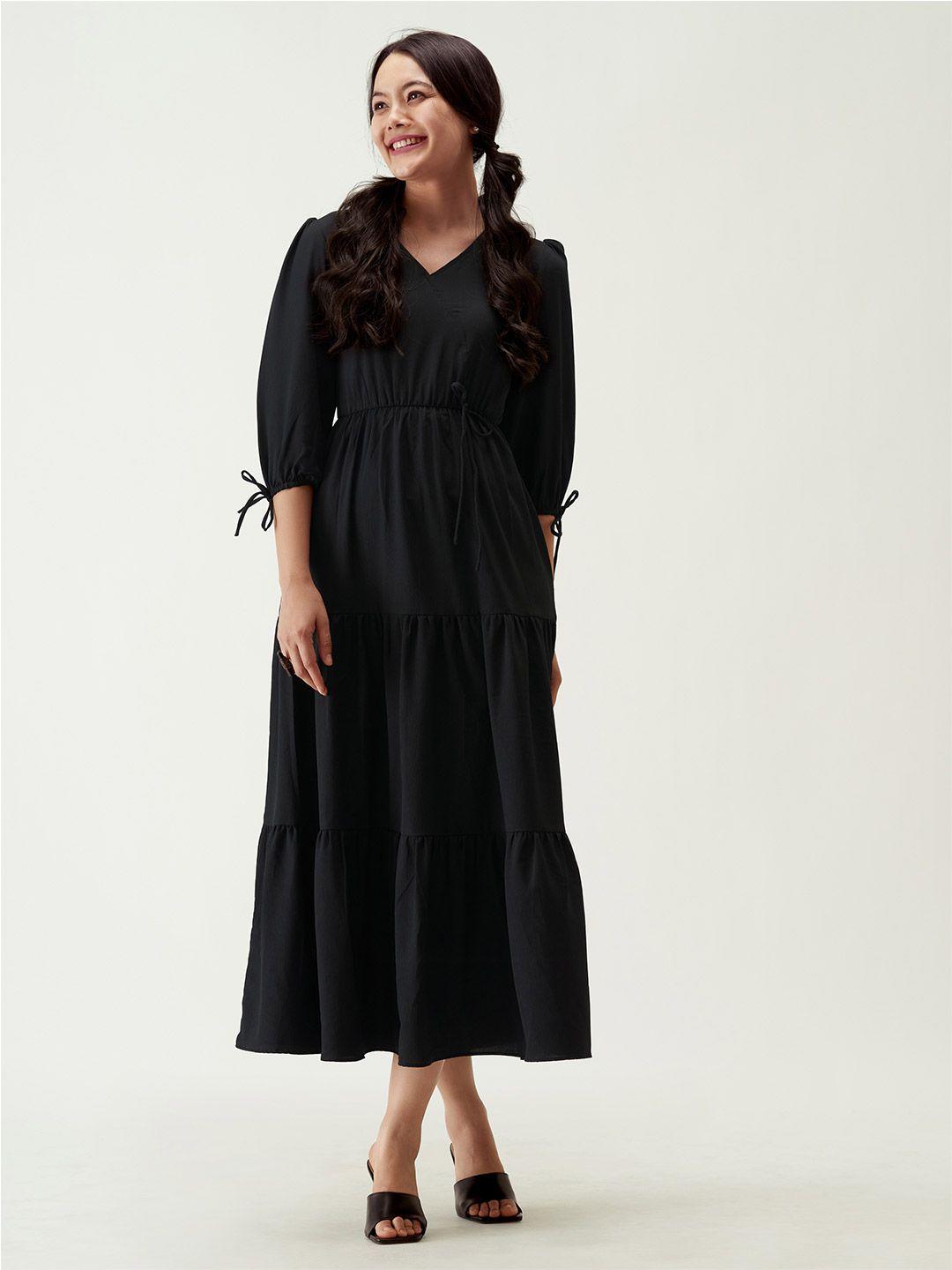 aask puff sleeves tie-up detail tiered maxi a-line dress